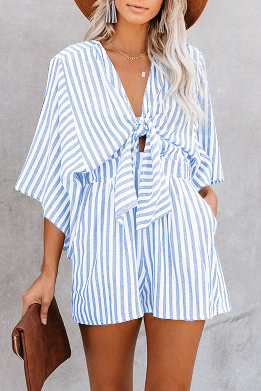 Bow Striped Kimono Sleeve Romper - ClassiQ