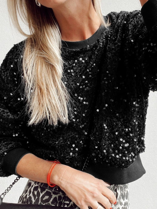 Sequin Round Neck Long Sleeve Blouse - Classique Collection