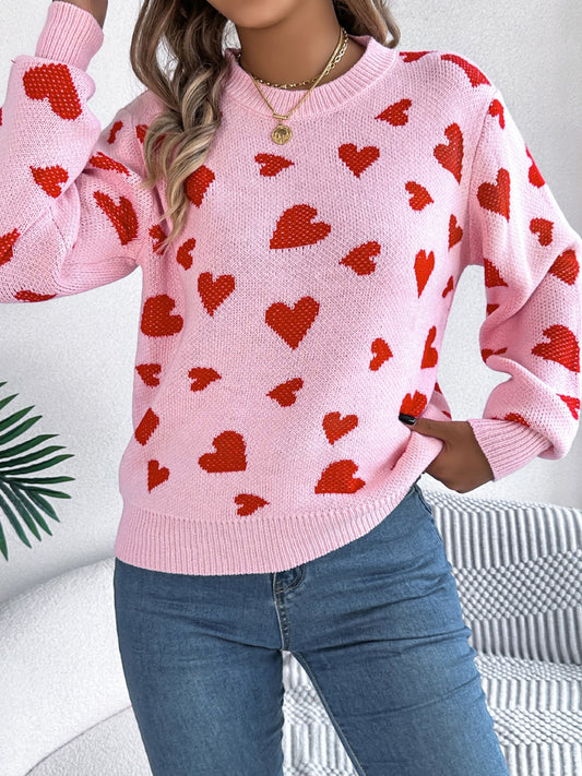 Heart Round Neck Long Sleeve Sweater - ClassiQ