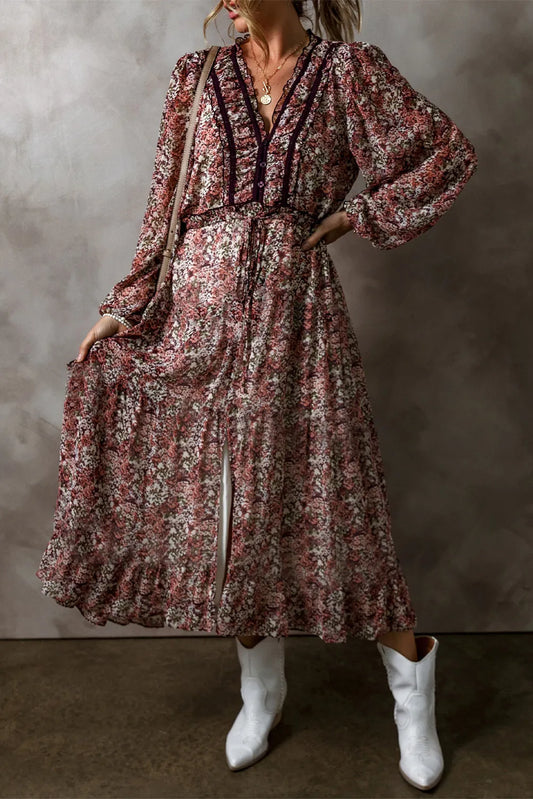 Frill Printed V-Neck Long Sleeve Midi Dress - Classique Collection