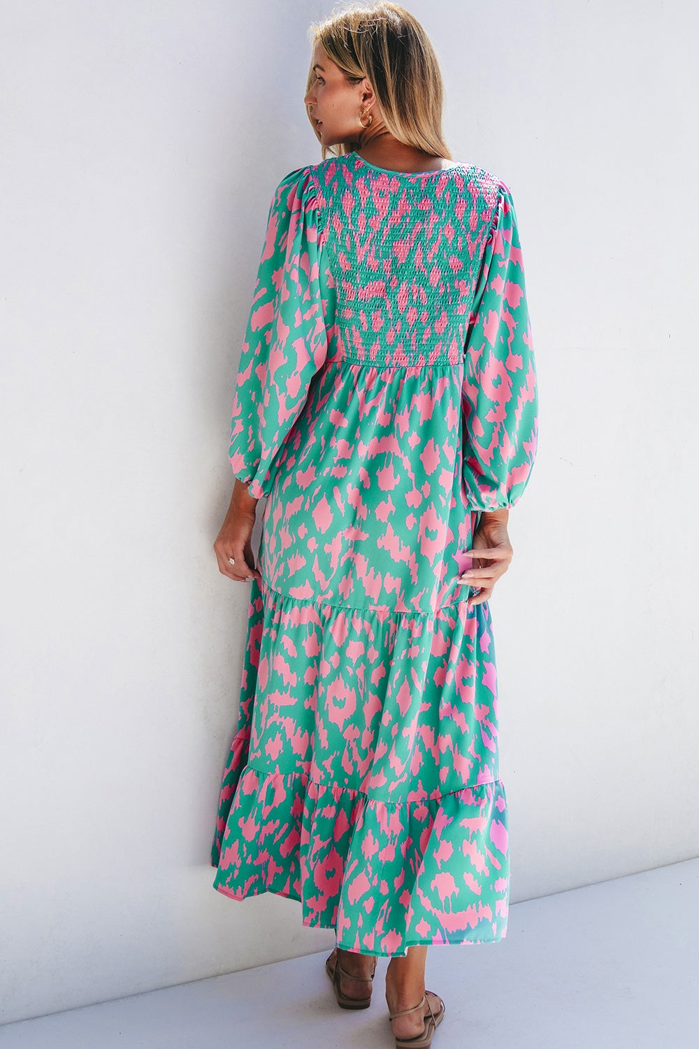 Smocked Printed Tie Neck Long Sleeve Dress - Classique Collection