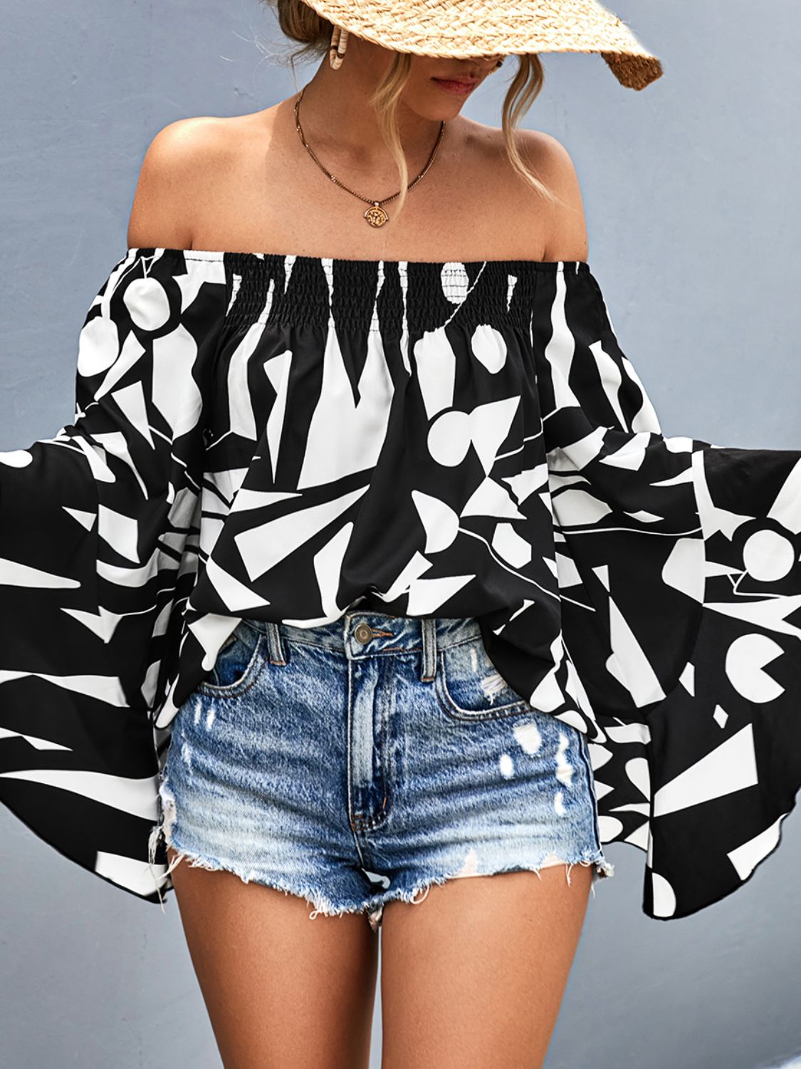 Printed Off-Shoulder Bell Sleeve Blouse - Classique Collection