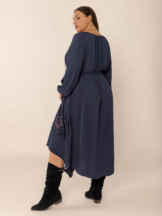 Plus Size Lace Detail Tie Neck Long Sleeve Midi Dress - Classique Collection