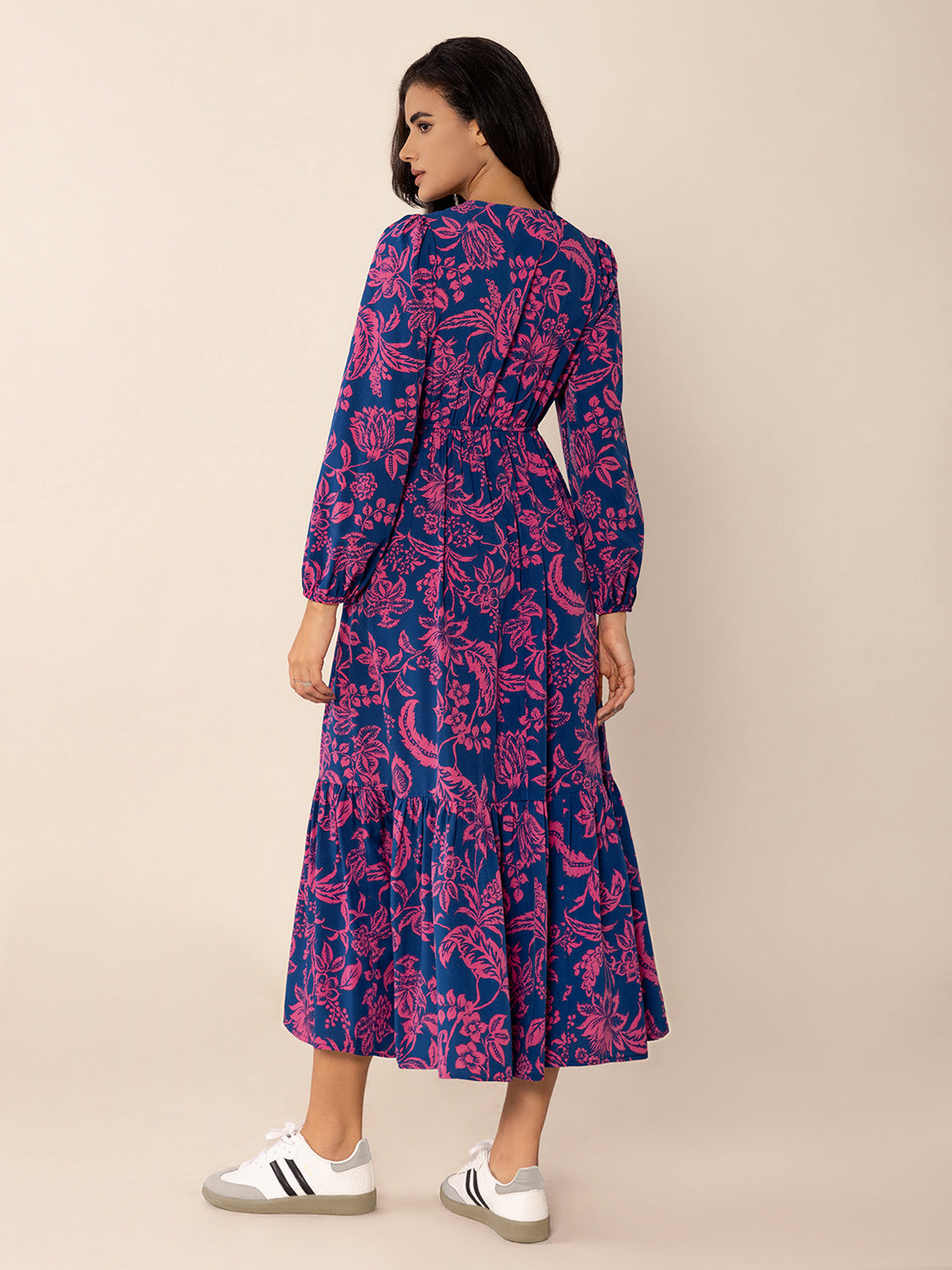 Printed V-Neck Long Sleeve Midi Dress - Classique Collection