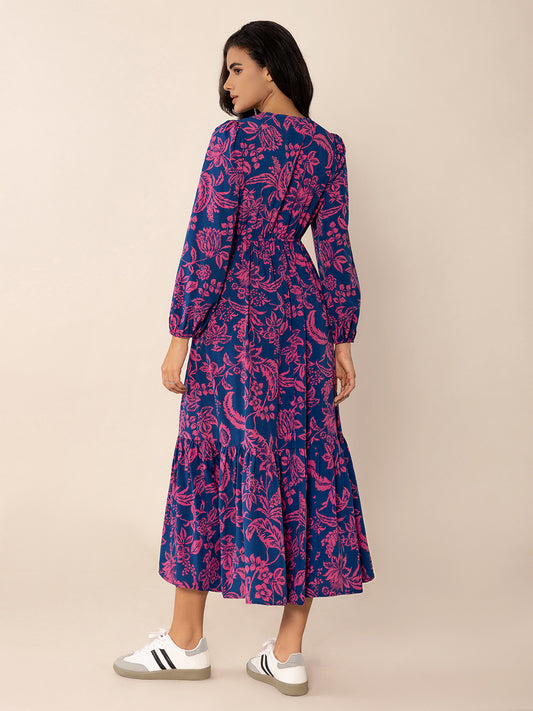 Printed V-Neck Long Sleeve Midi Dress - Classique Collection
