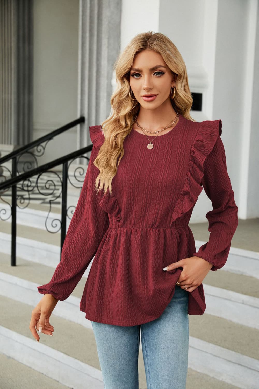 Round Neck Ruffled Peplum Blouse - Classique Collection