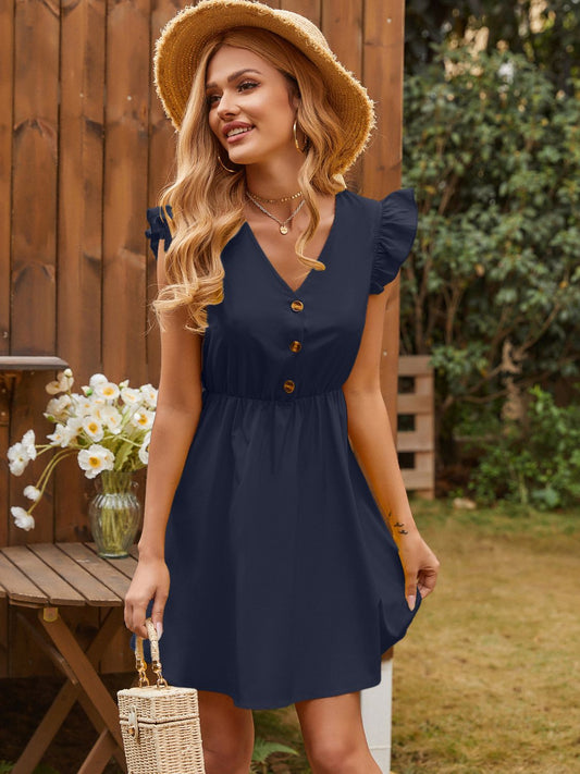 Ruffled V-Neck Cap Sleeve Mini Dress - Classique Collection