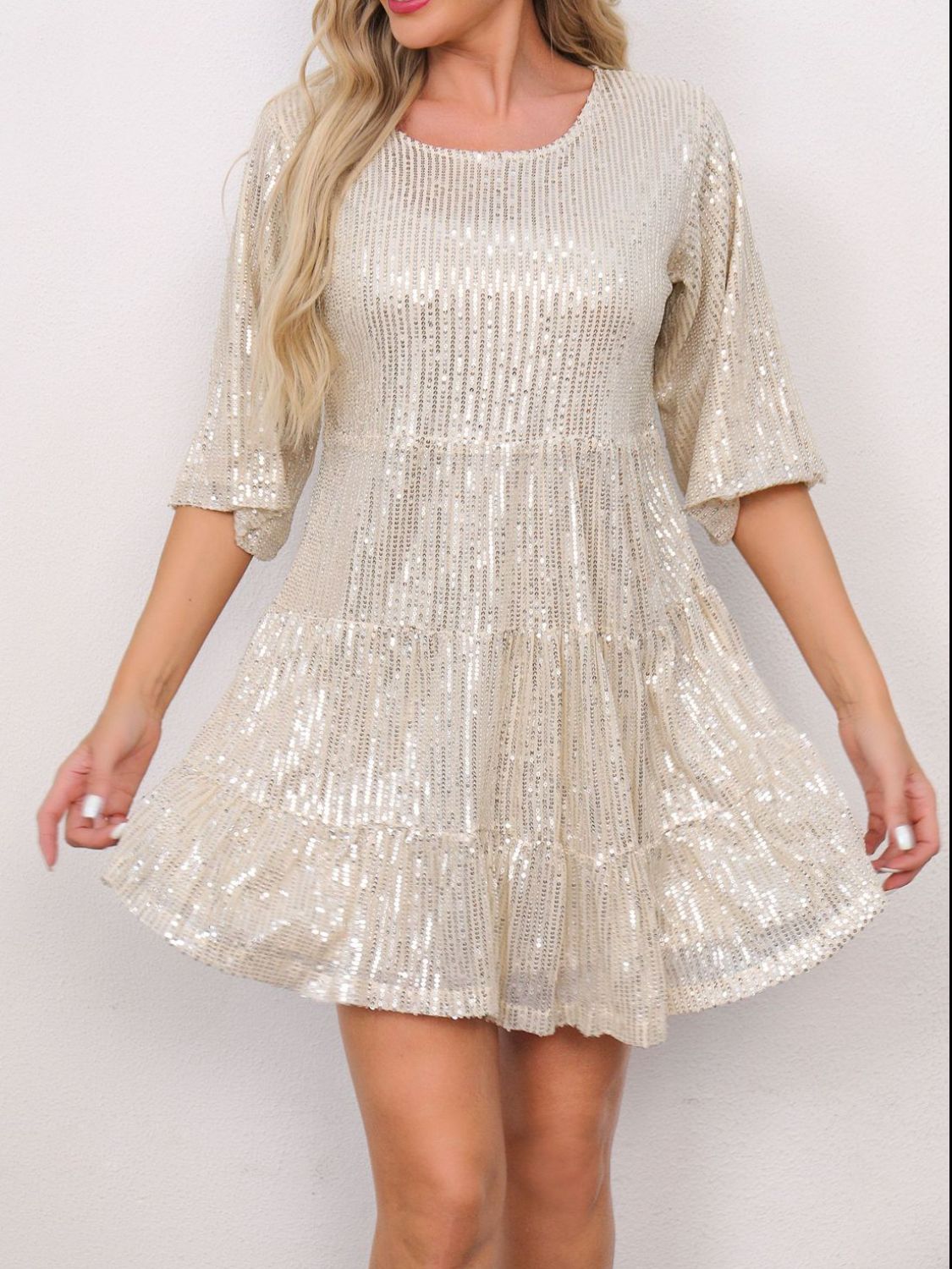 Sequin Round Neck Half Sleeve Mini Dress - Classique Collection