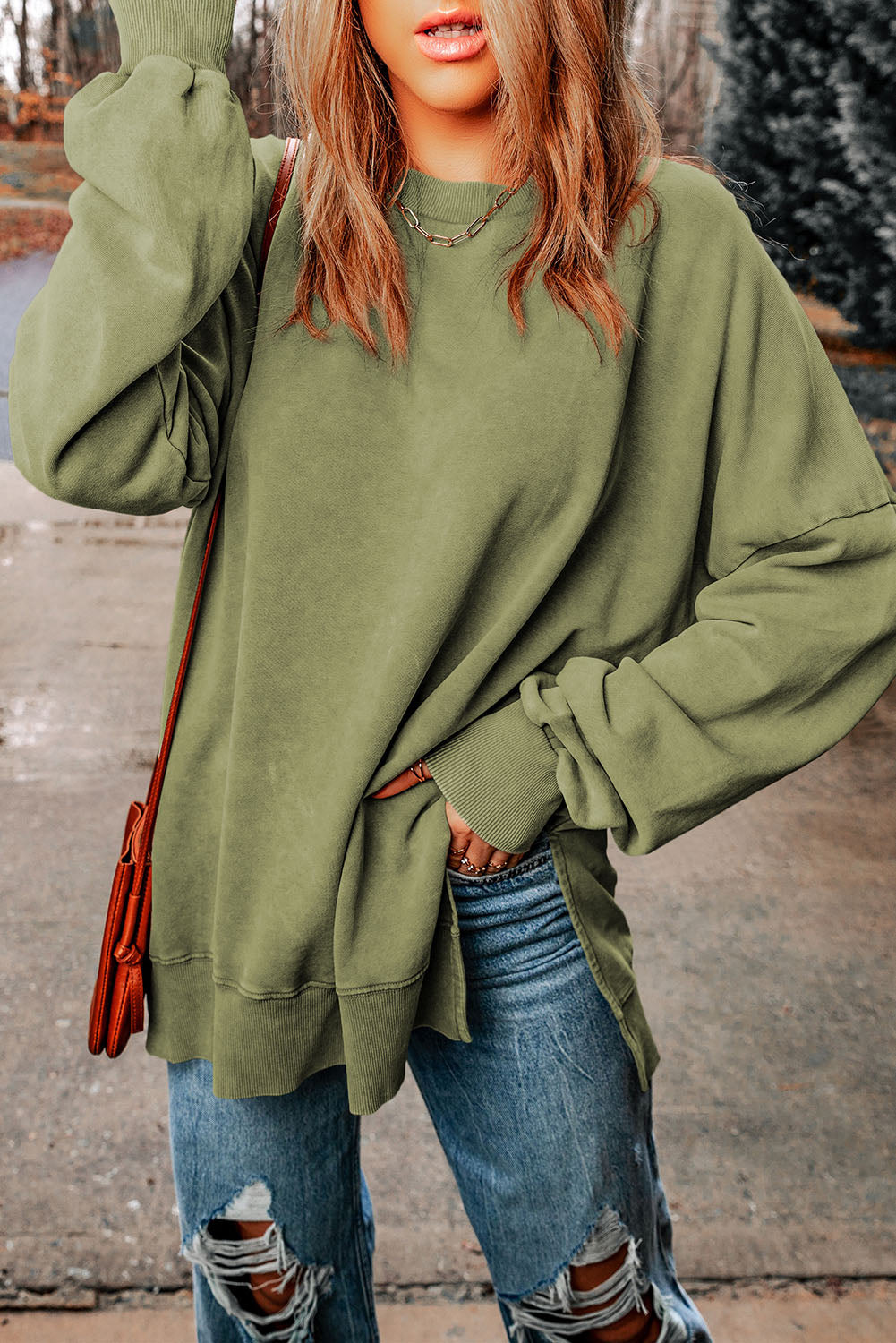 Dropped Shoulder Round Neck Long Sleeve Blouse - ClassiQ