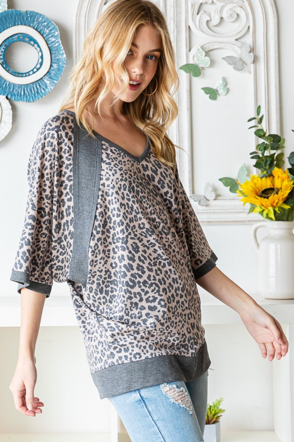 Heimish Full Size Leopard Contrast V-Neck Half Sleeve T-Shirt - Classique Collection