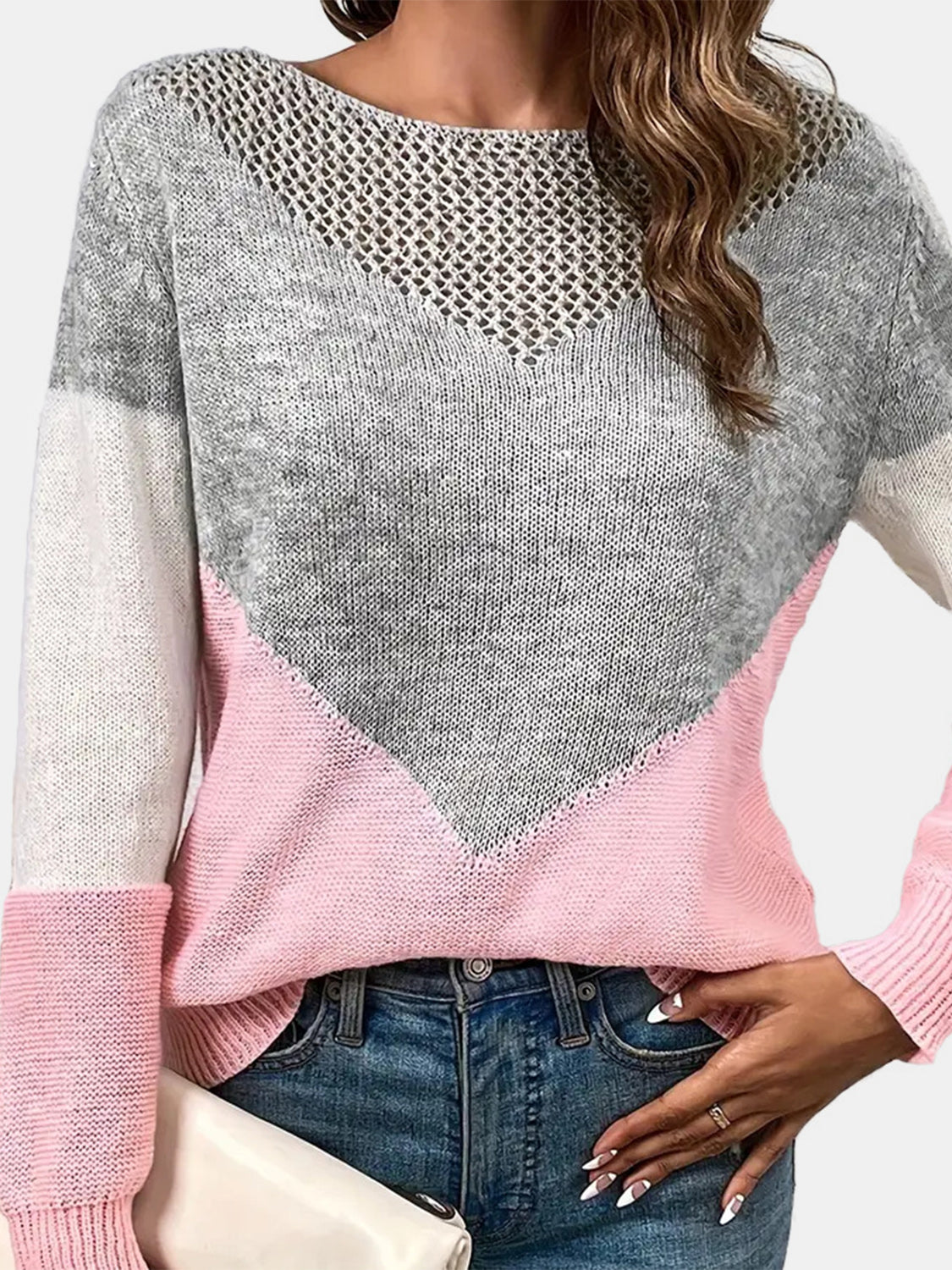 Openwork Contrast Round Neck Long Sleeve Knit Top - ClassiQ