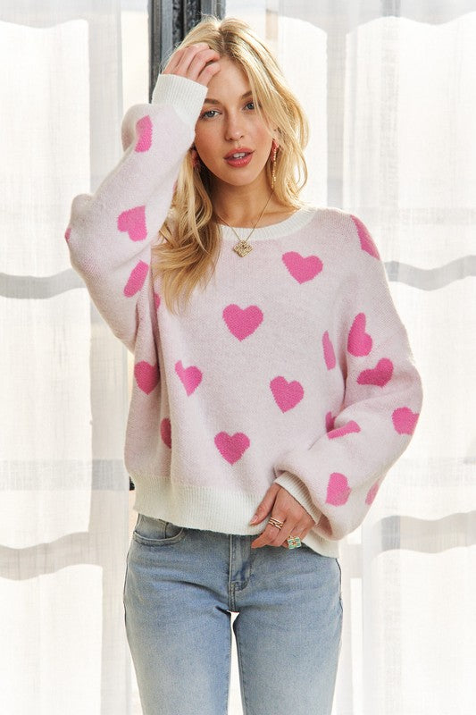 ADORA Heart Round Neck Drop Shoulder Sweater - ClassiQ