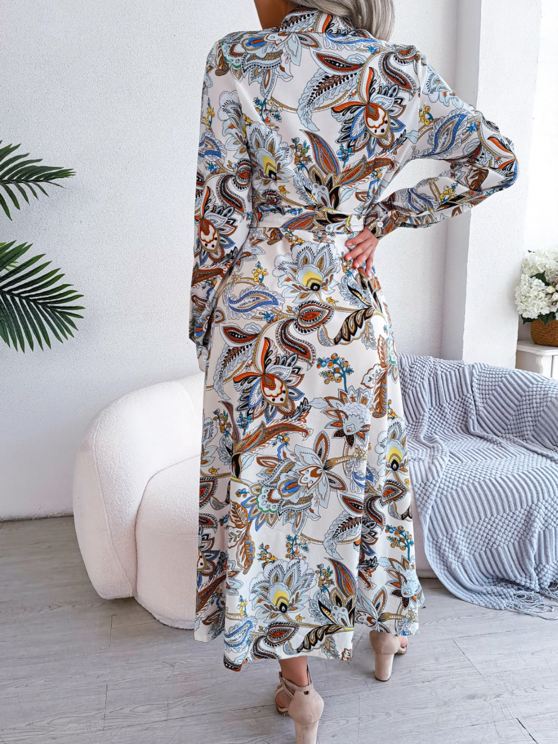 Tied Printed Long Sleeve Midi Dress - Classique Collection