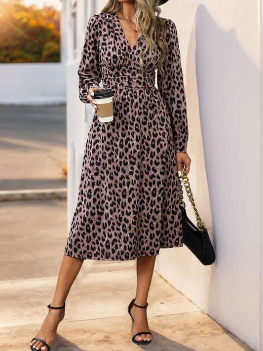 Perfee Leopard Surplice Long Sleeve Midi Dress - Classique Collection