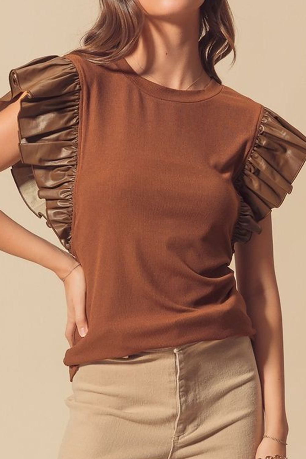 Ruffled Round Neck Cap Sleeve Blouse - Classique Collection