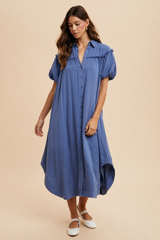 Annie Wear Mineral Washed Button Down Puff Sleeve Shirt Dress - ClassiQ