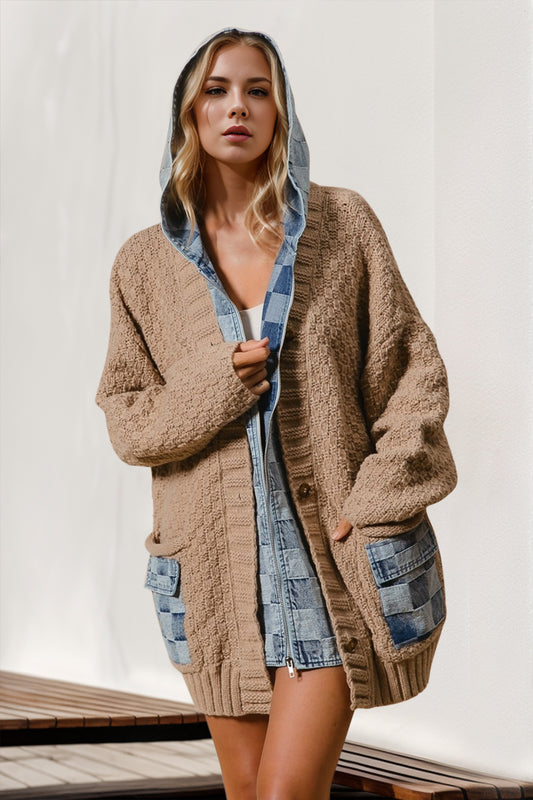 Double Take Full Size Hooded Denim Spliced Sweater Cardigan - ClassiQ
