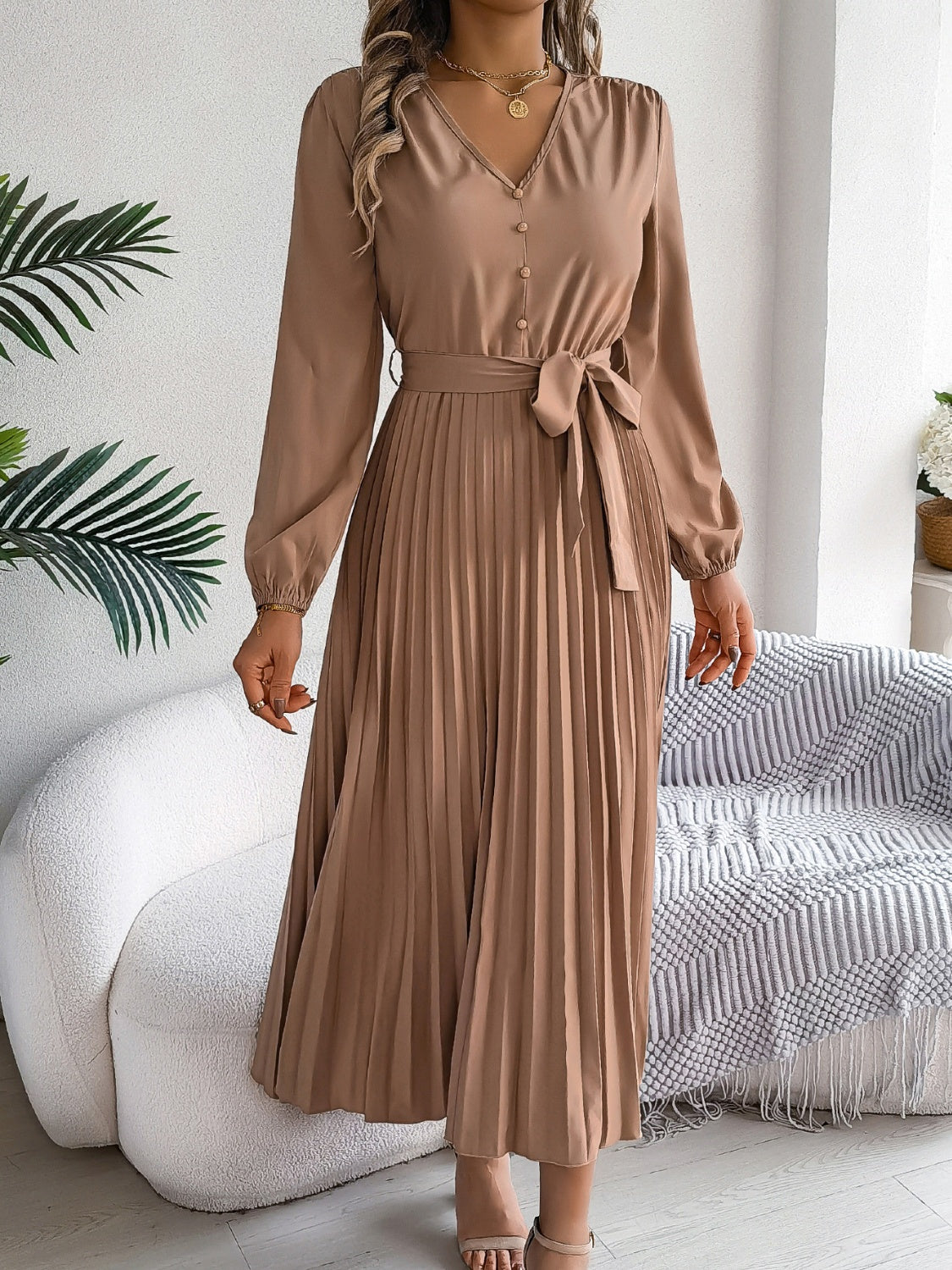 Pleated Tied V-Neck Long Sleeve Dress - Classique Collection