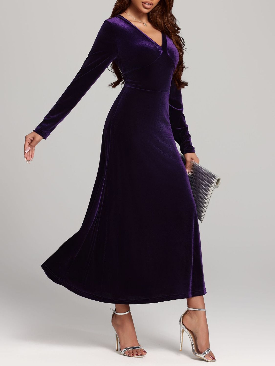 V-Neck Long Sleeve Velvet Dress - Classique Collection