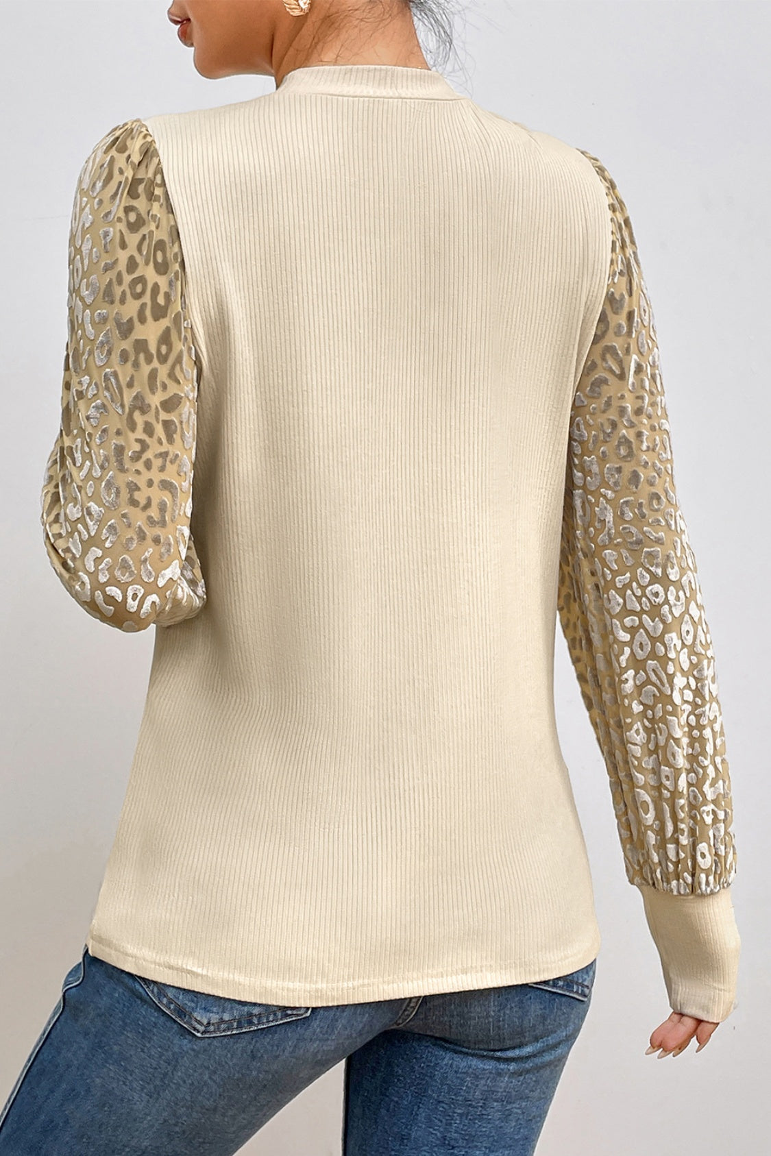 Leopard Print Long Sleeve Ribbed Knit Blouse - Classique Collection