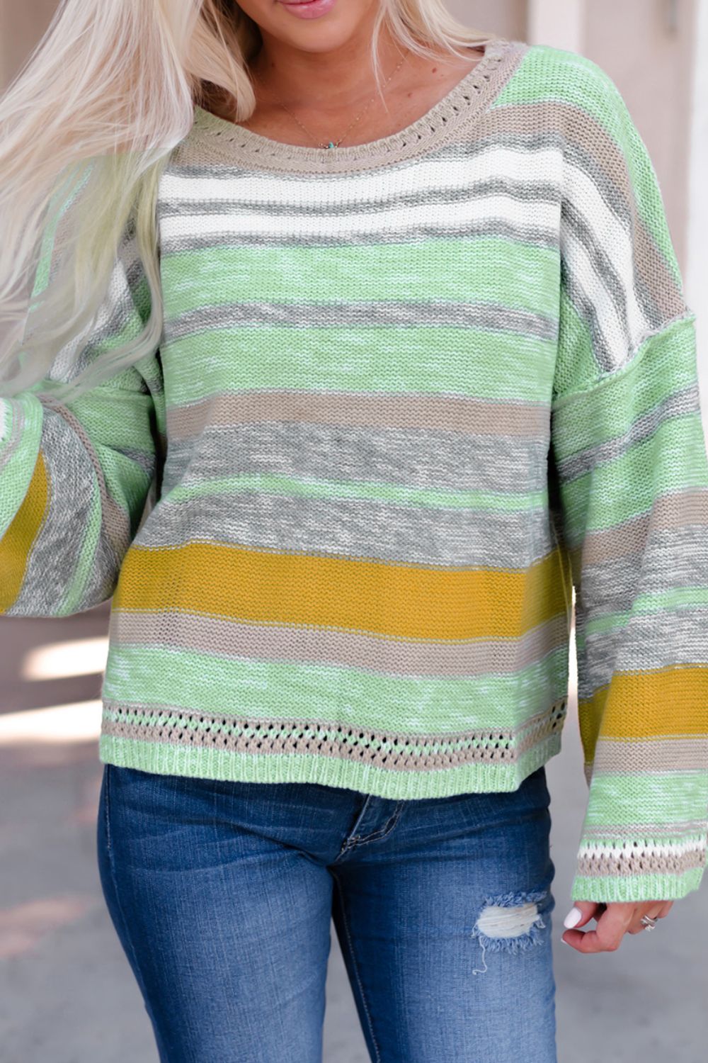 Contrast Striped Boat Neck Dropped Shoulder Sweater - ClassiQ