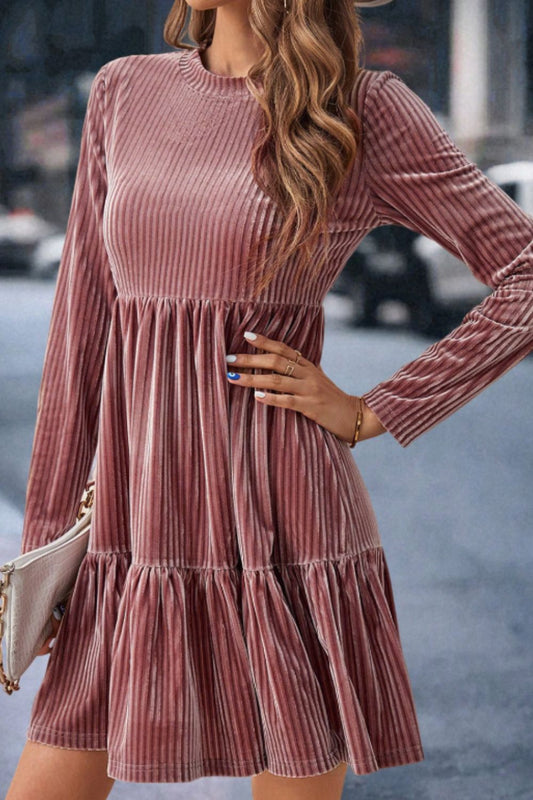 Ruffle Hem Round Neck Long Sleeve Dress - Classique Collection