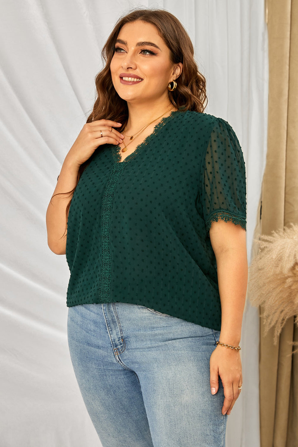 Plus Size Swiss Dot Spliced Lace V-Neck Blouse - Classique Collection