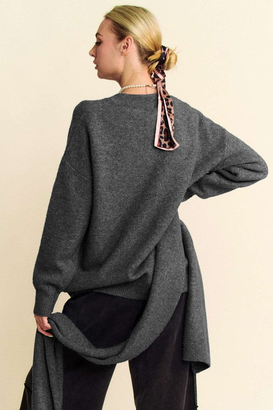 Davi & Dani V-Neck Dropped Shoulder Sweater with Scarf Set - ClassiQ