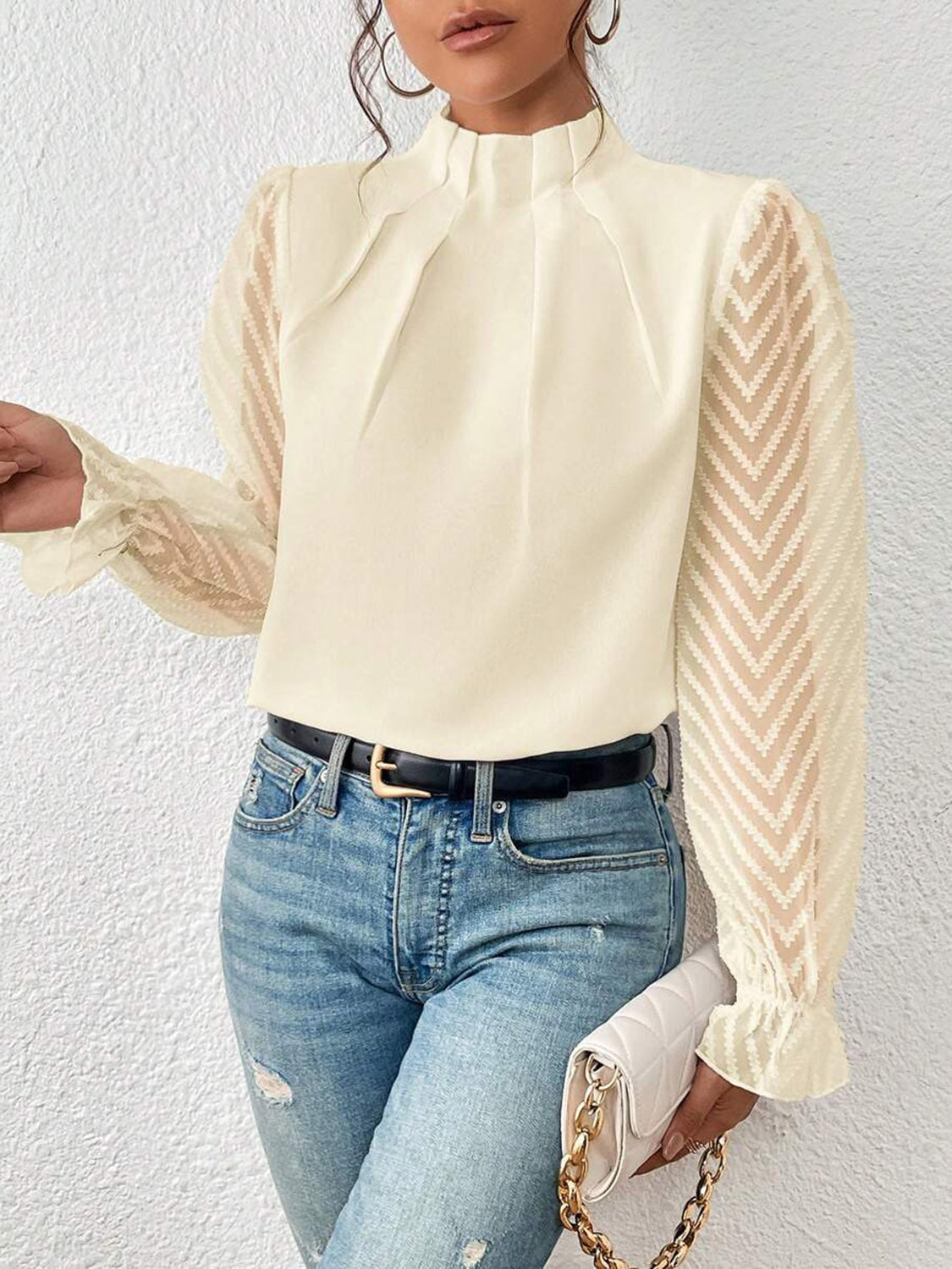 Mock Neck Flounce Sleeve Blouse - Classique Collection