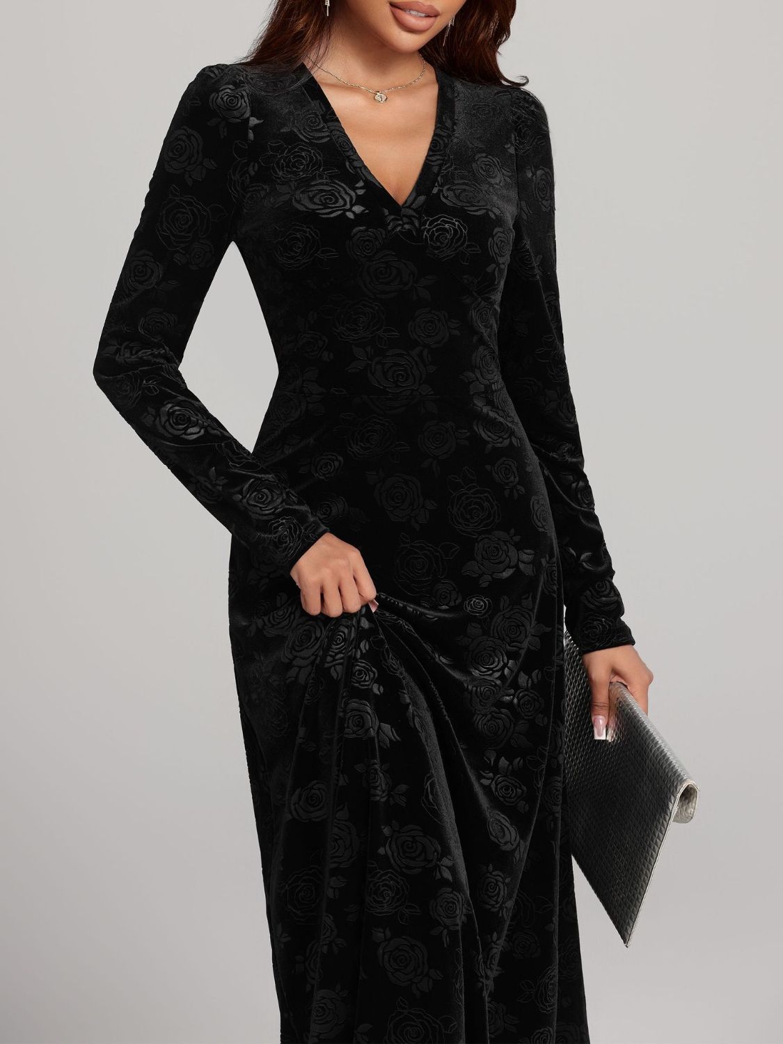 Rose Print V-Neck Long Sleeve Dress - Classique Collection