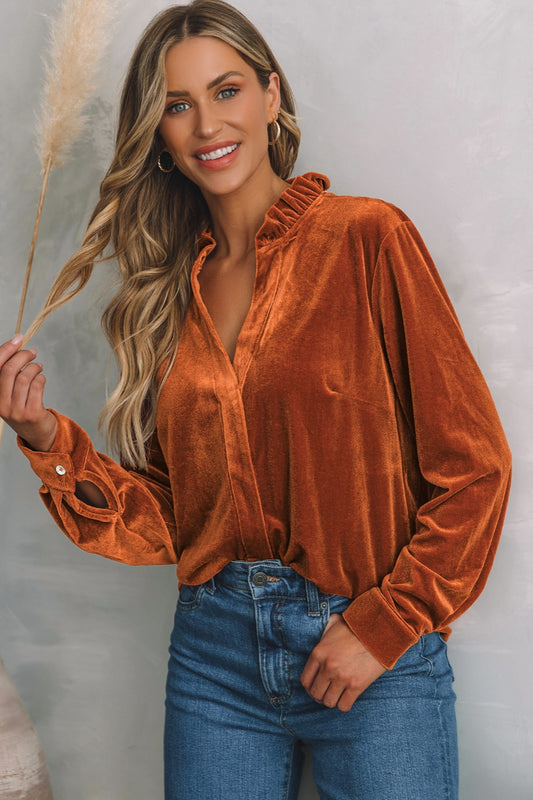 Notched Frill Detail Long Sleeve Blouse - Classique Collection