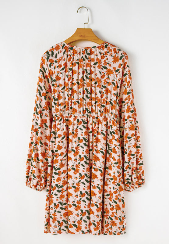 Smocked Printed V-Neck Long Sleeve Dress - Classique Collection