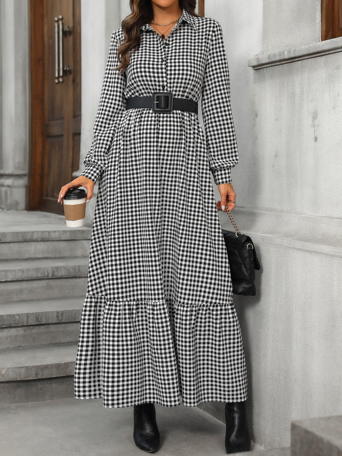 Honey Ruffle Hem Plaid Long Sleeve Dress - Classique Collection