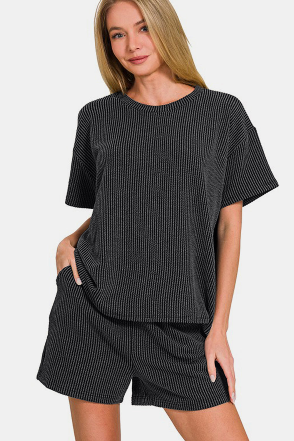 Zenana Rib Short Sleeve T-Shirt and Shorts Set - ClassiQ