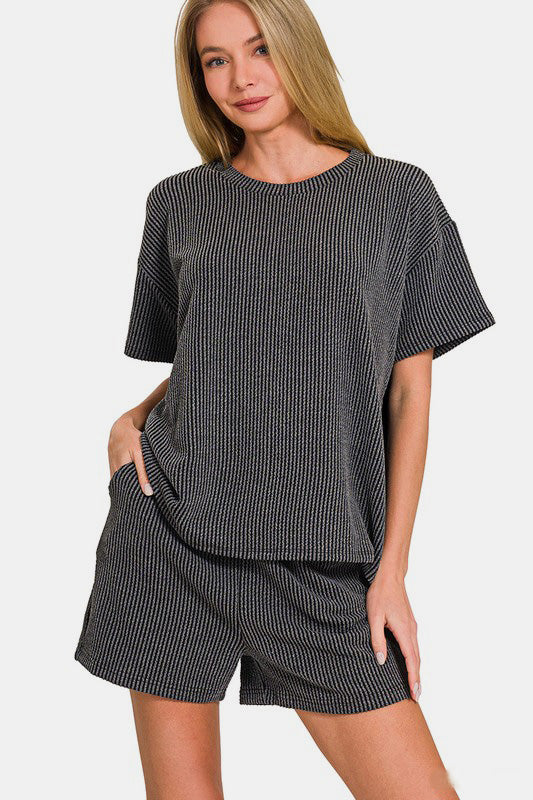 Zenana Rib Short Sleeve T-Shirt and Shorts Set - ClassiQ