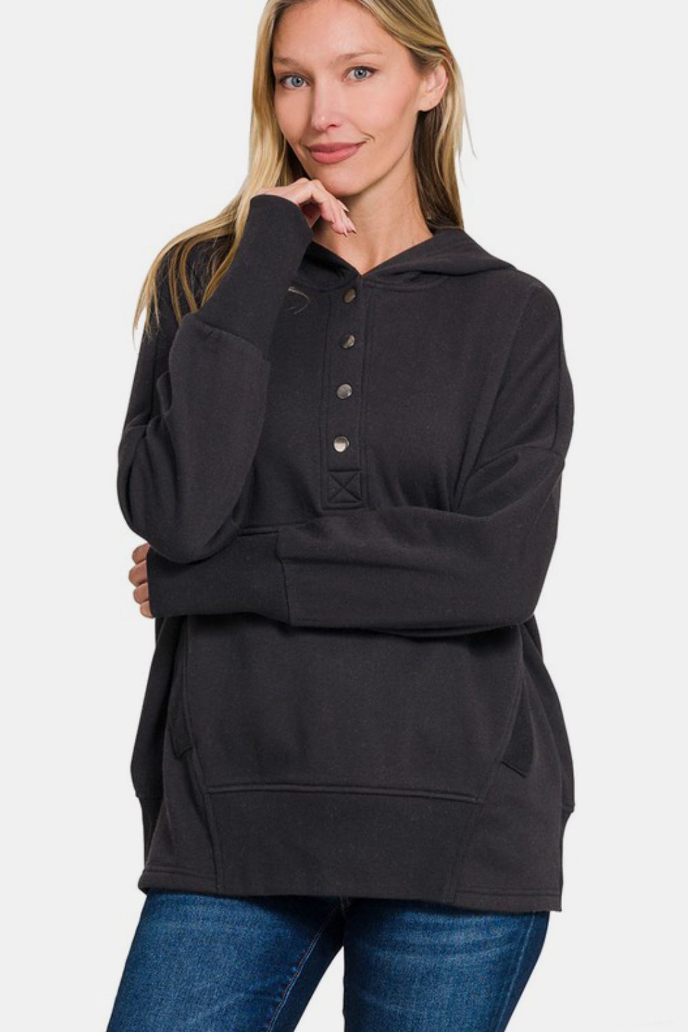Zenana Half Snap Long Sleeve Hoodie with Kangaroo Pocket - Classique Collection