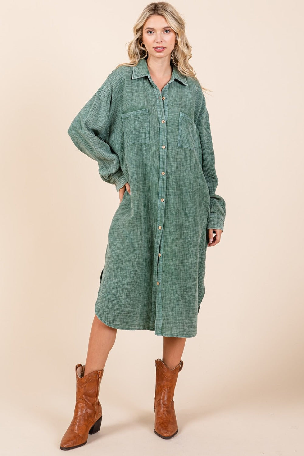 Mittoshop Mineral Wash Cotton Gauze Midi Shirt Dress - Classique Collection