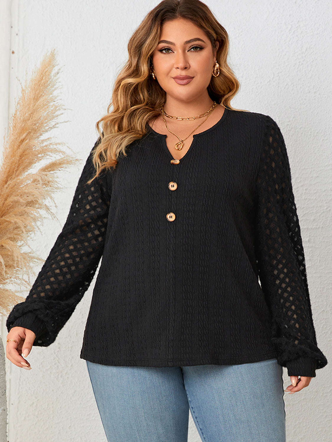 Honey Plus Size Openwork Notched Button Front Blouse - Classique Collection