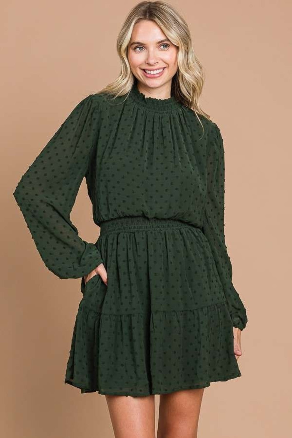 Culture Code Swiss Dot Smock Neck Mini Dress with Pockets - Classique Collection