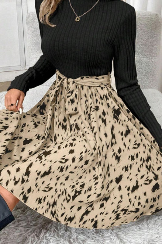 Printed Tie Waist Mock Neck Long Sleeve Dress - Classique Collection