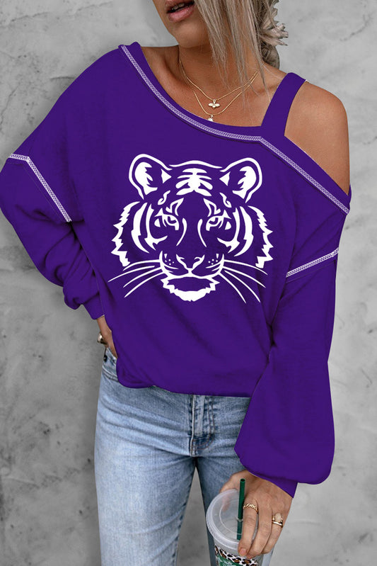 Tiger Graphic Long Sleeve Asymmetrical Neck Top - Classique Collection