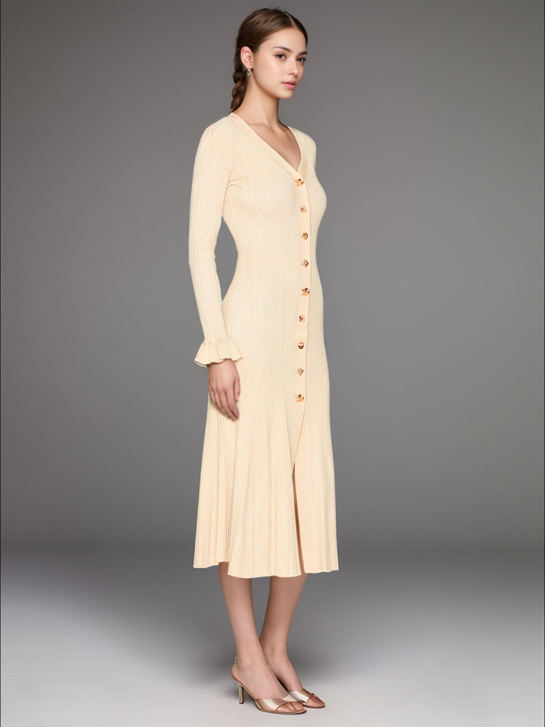 V-Neck Flounce Sleeve Sweater Dress - Classique Collection
