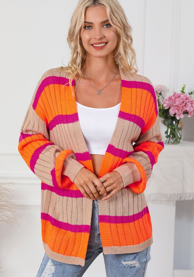 Contrast Striped Drop Shoulder Open Front Cardigan - ClassiQ