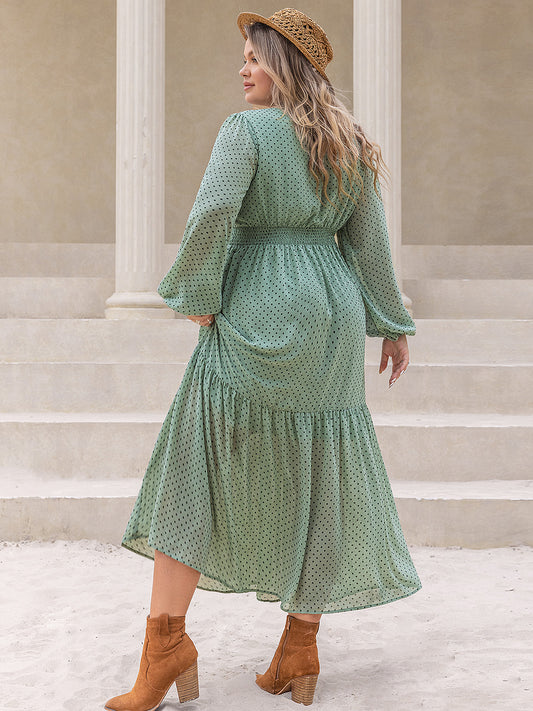 Plus Size Tassel Printed Tie Neck Long Sleeve Midi Dress - Classique Collection