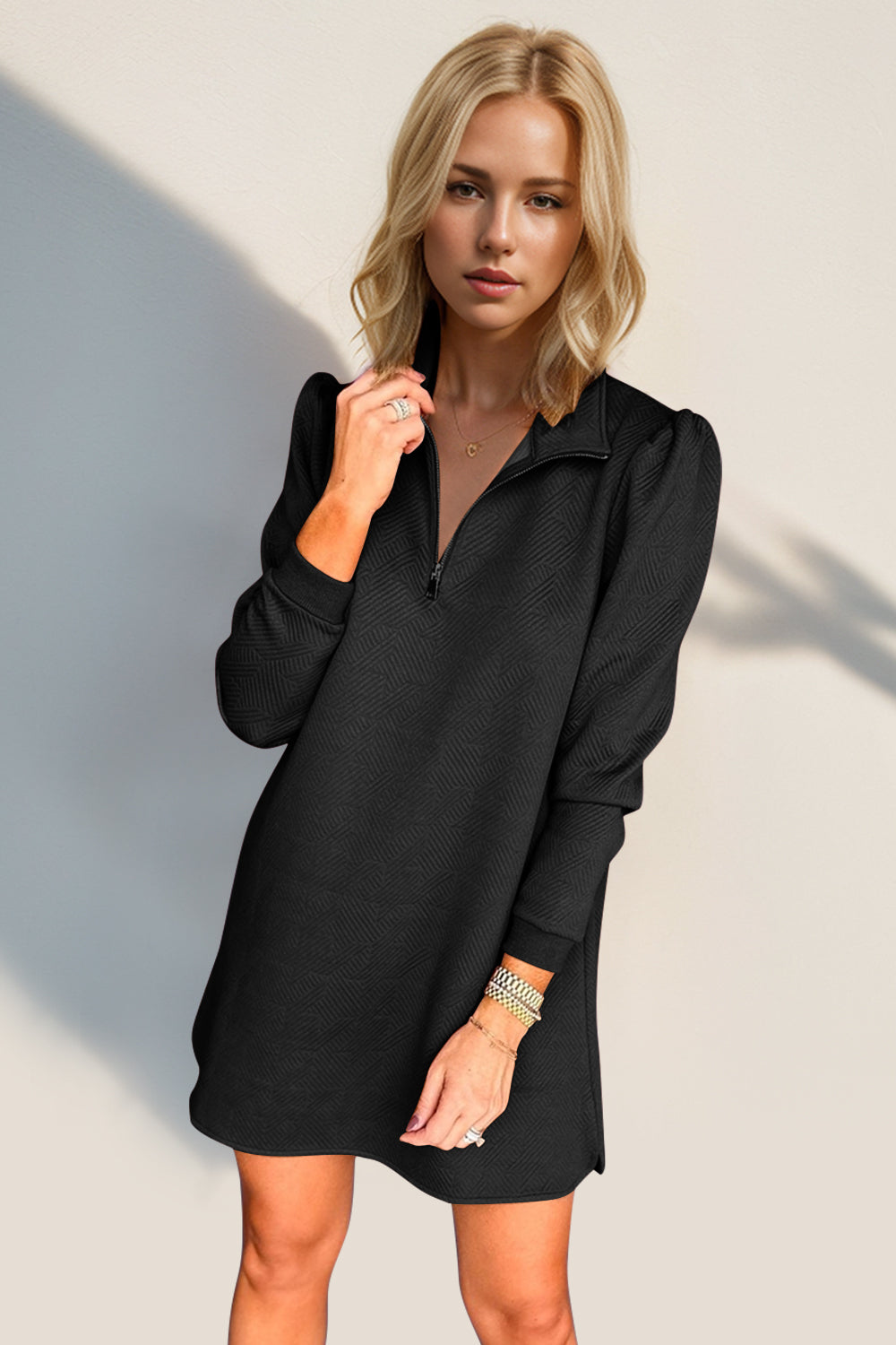 Double Take Textured Quarter Zip Long Sleeve Dress - Classique Collection