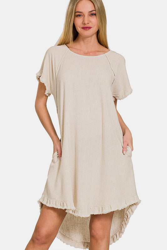 Zenana Fringe Edge High Low Flowy Dress with Pockets - Classique Collection