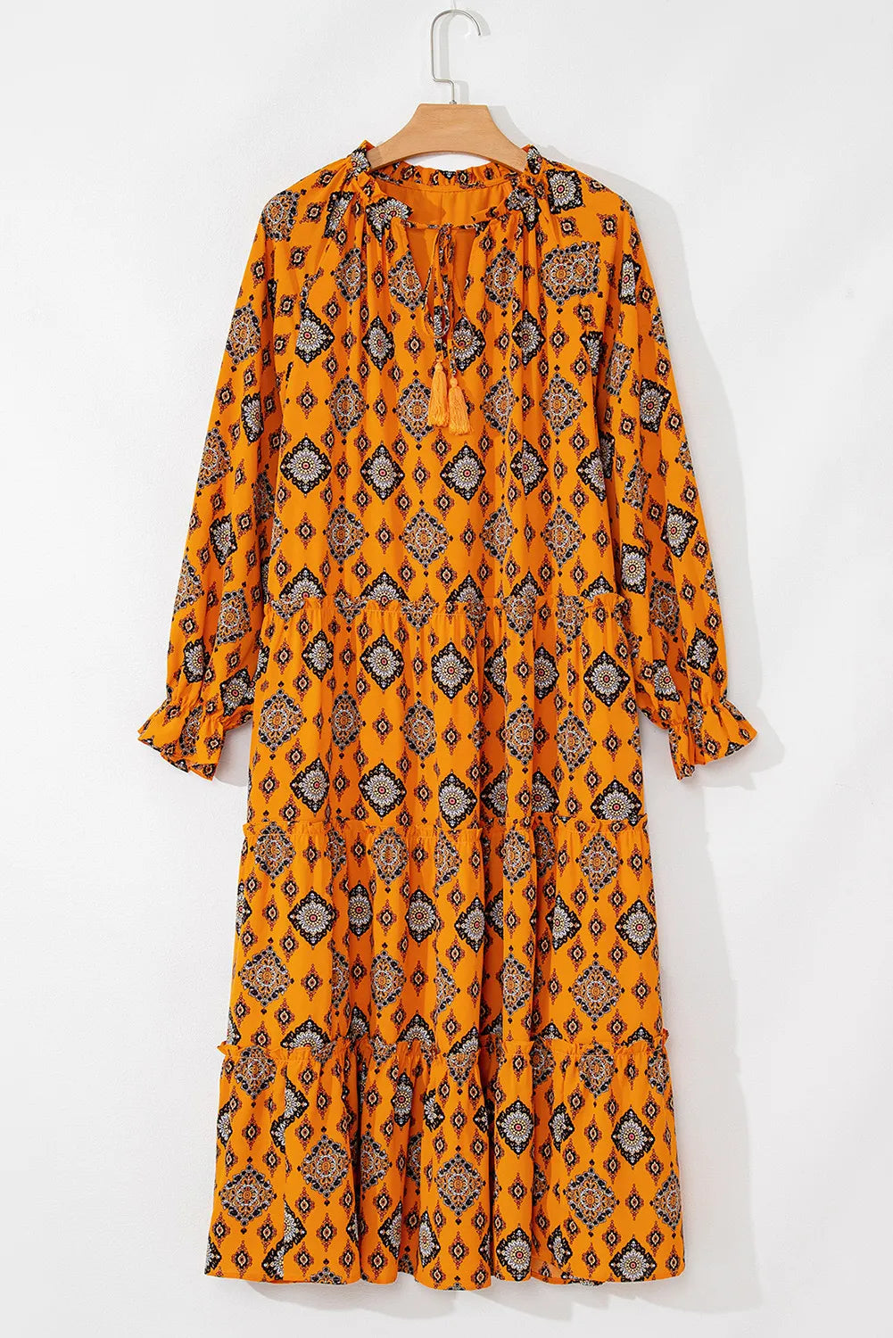 Frill Printed Tie Neck Long Sleeve Dress - Classique Collection