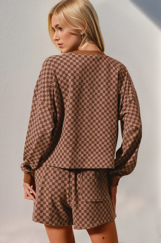 Double Take Checkered Half Button Top and Shorts Set - ClassiQ