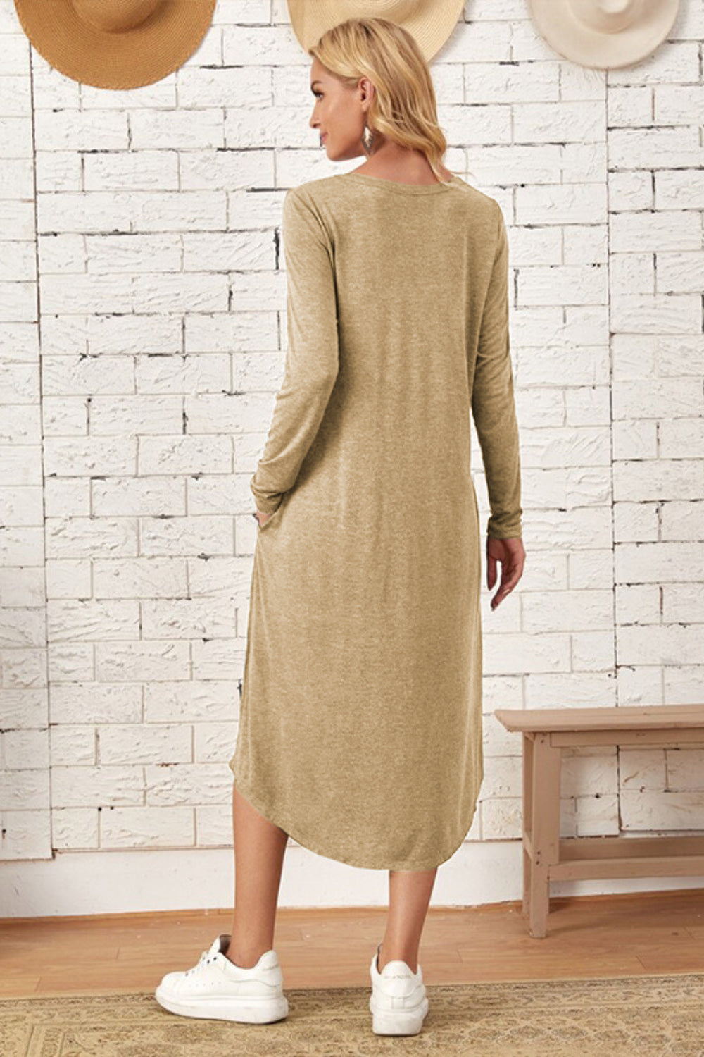 Pocketed Round Neck Long Sleeve Tee Dress - Classique Collection