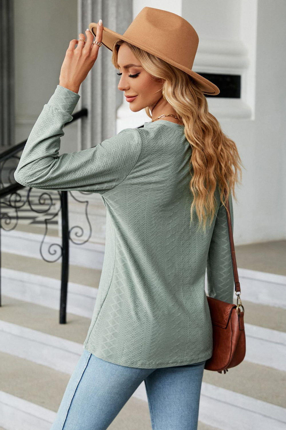 Notched Neck Long Sleeve Buttoned Blouse - Classique Collection